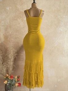 Soleia Women's Plus Size Yellow Spaghetti Strap Tassel Maxi Dress - Yellow - View 2