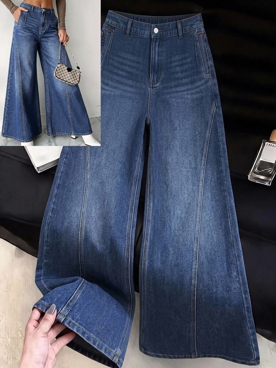 SHEIN MOD Plus Size Women's Casual Everyday Denim Jeans With Pockets And Buttons - Blue - View 1