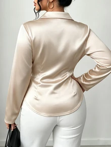Elenzga Plus Size Women's Asymmetrical Hem Stud Button Tie Satin Fabric Elegant Commuter Blouse, Autumn/Winter Fall - Apricot - View 2