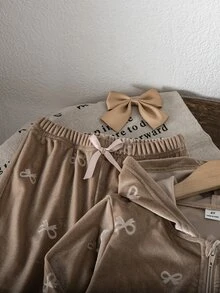 SHEIN 女童拉鍊連帽外套與蝴蝶結裝飾喇叭褲 2 件套 幼兒生日櫻桃秋季 - 香檳色 - 查看 3