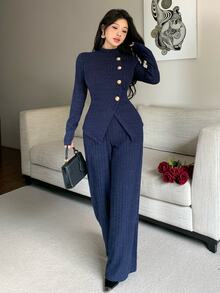 Feyla Women's Spring/Autumn Elegant Office Commute Solid Color Metal Button Open Front Slim Fit Top And Pants 2 Pieces Set - Royal Blue - View 3