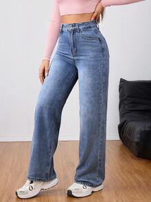 SHEIN PETITE Women's Outdoor Fashion All-Season Versatile Petite Blue Denim Wide Leg Pants - Dark Wash - View 5