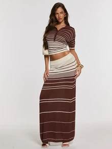 Opulessa Women's Striped Short Sleeve Top And Skirt Knit Two Pieces Set - Brown - View 3