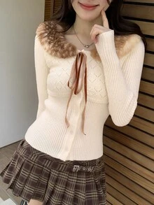 DAZY 女款毛領拼接前綁帶單排扣優雅針織開襟衫 冬季 - 白色 - 查看 7