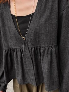 FRIFUL Women's Solid Color Drop Shoulder Long Sleeve Single Button Casual Shirt - Grey - View 5