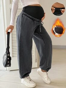 Boho Mama Celana Jogger Hamil Kasual Berlapisan Termal dengan Pinggang yang Dapat Diatur - Hitam - View 1