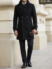 DAZY Men's Mid-Length Double-Breasted Lapel Overcoat With Matching Lining, Autumn/Winter Commuter Style - Black - View 4