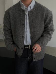 DAZY Cardigan Leher Bulat Musim Gugur/Dingin Warna Abu-abu Gelap Gaya Korea untuk Pria - Dark Grey - View 1