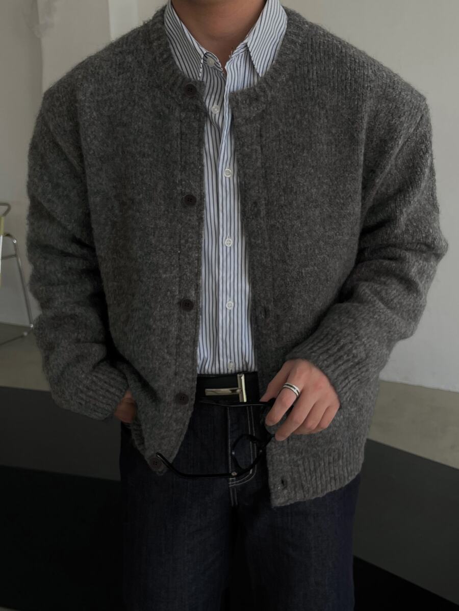 DAZY 秋冬款圓領開襟羊毛衫 深炭灰色韓式男士開襟衫 - 深灰色 - 查看 1