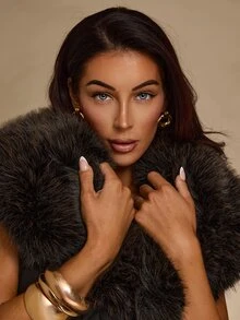 Glamine Winter Black Long Vest Coat With Large Fur Collar And Waist Tie Night Elegant - Black - View 7