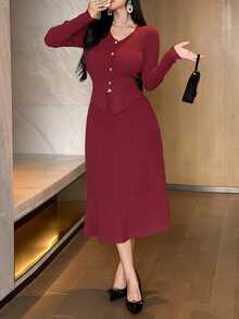 DAZY 女款休閒紅色毛衣套裝，毛邊設計，2件組，冬季 - 酒紅色 - 查看 2