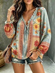 Glimmora Women's Floral Print Frill Trim Front Tie Long Sleeve Casual T-Shirt - Multicolor - View 3