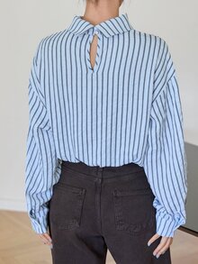 Dazy-Less Women's Striped Stand Collar Drop Shoulder Loose Casual Shirt - Blue - View 2