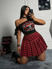 SHEIN CURVE+ Quần váy skort kẻ caro xếp ly thường ngày đa năng cho nữ size lớn - Đỏ - Xem 6