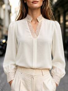 Velvienne Plus Size Women Solid Color Contrast Lace Cutout V-Neck Puff Long Sleeve Elegant Blouse - Apricot - View 1