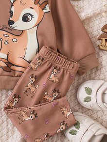 SHEIN 新生兒卡通圖案長袖上衣與長褲休閒日常套裝 - 棕色 - 查看 5