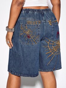 ROMWE Street Life Y2K Vintage Unisex Street Punk Spider Web Embroidered Loose Wide Leg Plus Size Women's Denim Mid-Length Pants - Blue - View 5
