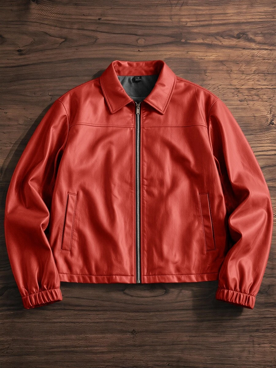 SWAVVY Men's Woven Fashion Casual Young PU Leather Fitted Long Sleeve Jacket - Red - View 1