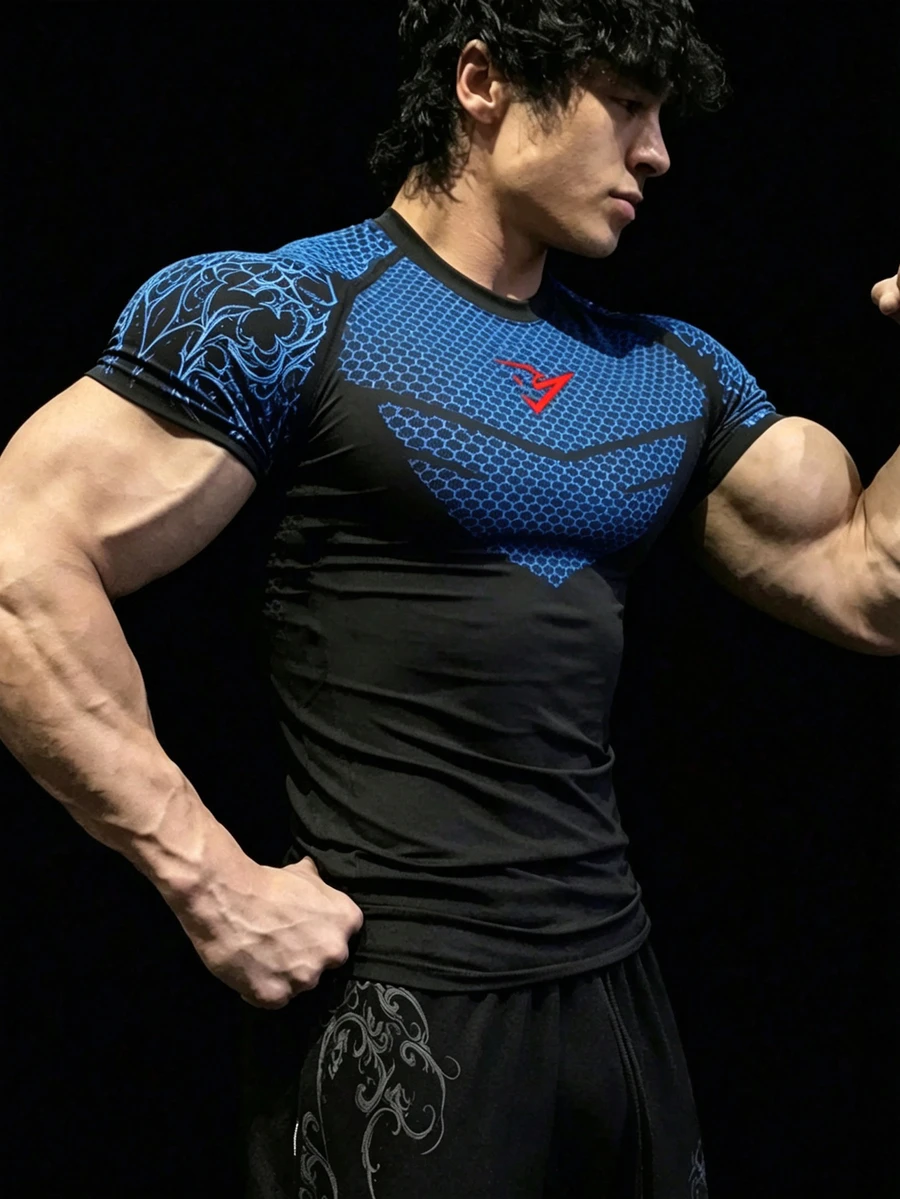RISE LYT Men's Dashed Print Contrast Color Casual Round Neck Short Sleeve Sports T-Shirt, Gym - Black - View 1