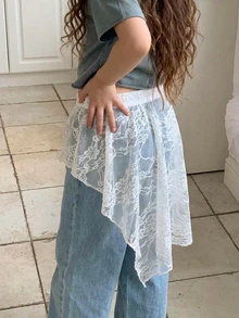 Dazy Kids Young Girl) Lace Design Asymmetrical Skirt With Ruffle Hem, Autumn Skirt - White - View 2