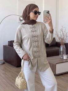 Solavon Women's Solid Color Casual Daily Wear Arabic Style Top - Khaki - View 3