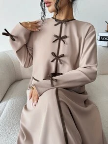 Yasmyna Women's Bow Decor Long Sleeve Elegant Arabian Dress - Khaki - View 2