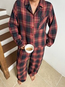 Dazy Plus Plaid Loose Red Christmas New Year Home Wear Long Pants 2-Piece Pajama Set - Red - View 6