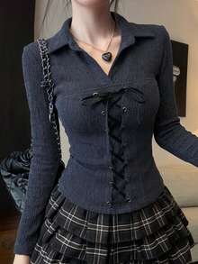 DAZY 秋季女款修身拼接繫帶 Polo 衫，優雅哥德風長袖 T-shirt 上衣，適合婚禮、夜晚外出與派對，可愛上衣 - 藍色 - 查看 1