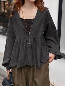 FRIFUL Women's Solid Color Drop Shoulder Long Sleeve Single Button Casual Shirt - Grey - View 4