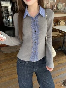 DAZY Women's Blue Grey Lapel Lace Patchwork Elegant French Commute High Tea Date Sweet Cardigan T-Shirt, Fall - Grey - View 1