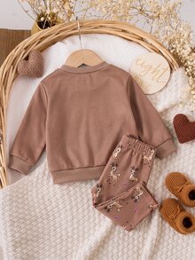SHEIN 新生兒卡通圖案長袖上衣與長褲休閒日常套裝 - 棕色 - 查看 2