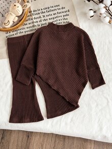 SHEIN Playful Pals 女嬰春夏秋冬休閒親子套裝 T-shirt 套組，不對稱套頭長袖高領磨毛摩卡棕羅紋布料 3D 花卉 - 棕色 - 查看 2