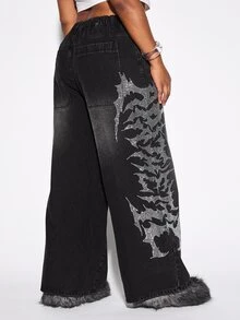 ROMWE Grunge Punk Casual Washed Letter Rhinestone Decor Plus Size Wide Leg Jeans - Black - View 8