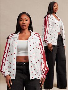 SHEIN SXY Plus Size Women's Polka Dot Casual Everyday Long Sleeve Jacket Fall - Red and White - View 10