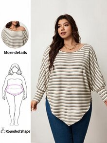 Enliva Plus Size Stripe Waffle Knit Long Sleeve Top Compatible With Apple Body Round Body - Brown - View 1