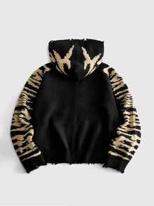 ROMWE MEN Men Graffiti Letter Graphic Distressed Zip Up Hooded Knit Cardigan, Contrast Grunge Streetwear Sweater - Black - View 2