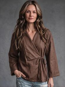 Hansera Middle-Aged Women Casual Tie-Front Shirt For Daily Wear - Brown - View 3