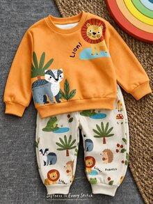 Infant Toddler Round Neck Long Sleeve Sweatshirt & Pants Casual Comfortable Set, Classic Cute Cartoon Hand-Drawn Animal Print, Lion & Raccoon Cartoon Character Print, Suitable For Autumn/Winter - Multicolor - View 1