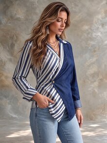 Ceyna Plus Size Long Sleeve Shirt With Denim Effect Patchwork, Striped Print, Colorblock And Single Button - Multicolor - View 1