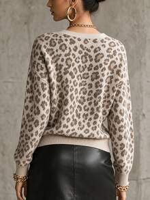 SHEIN Women V-Neck Leopard Print Knit Cardigan, Long Sleeve Button Front Drop Shoulder Loose Knit Jacket - Multicolor - View 2