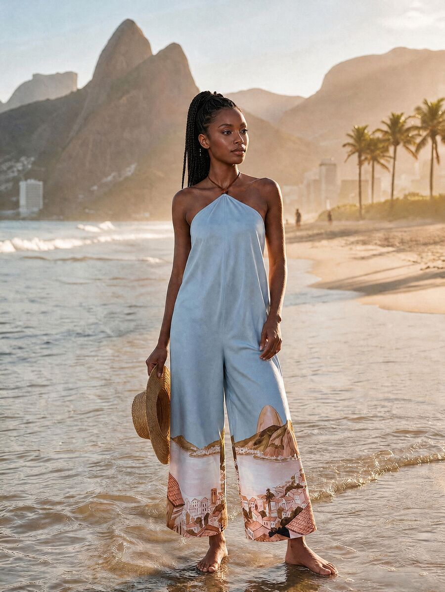 CAJUNI Women's Vintage Scenic Print Wide Leg Halter Neck Jumpsuit For Vacation - Blue - View 1
