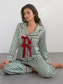 DAZY Women's Striped Bow Decor Long Sleeve Top And Pants Pajama Set - Green - View 5