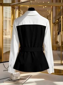 Velvienne Plus Size Minimalist Elegant Versatile Colorblock Patchwork Blouse For Women - Black and White - View 2