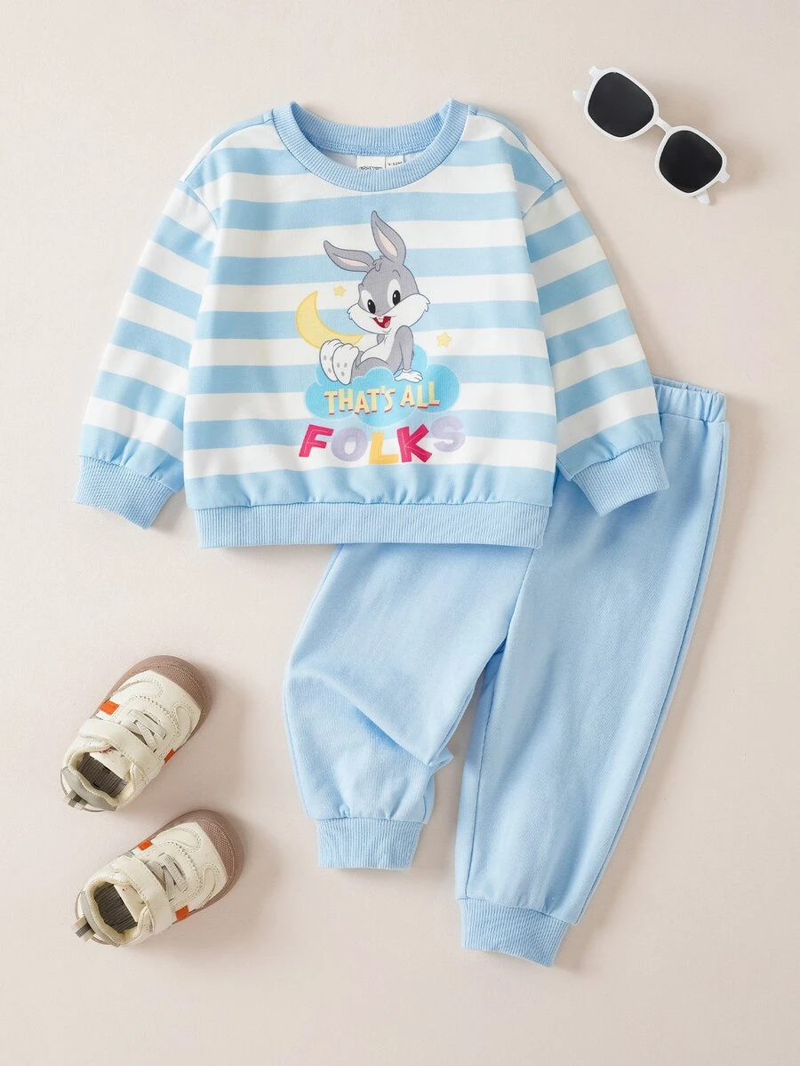 LOONEY TUNES X SHEIN طقم سويت شيرت وبنطلون بأكمام طويلة مطبوع عليه حروف وكارتون للأطفال الذكور - الأزرق - مشاهدة 1