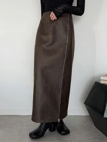 FRIFUL Women's Solid Color Slit Design Casual Daily Wear Skirt - Black - View 7