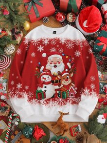 SHEIN [Excl, Baby & Kids]Christmas Red Standard Size Men's Fitted Regular Shoulder Crew Neck Pullover Sweatshirt With Thermal Lining - Red and White - View 5
