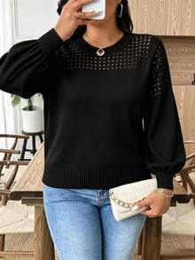 GlowEve CURVE Plus Size Women's Autumn Hollow Out Round Neck Puff Long Sleeve Pullover Knit Top - Black - View 4