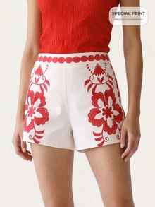 CAJUNI 熱帶度假花卉印花可愛波西米亞風女款短褲，米白色夏季沙灘早午餐穿搭 - 彩色 - 查看 7