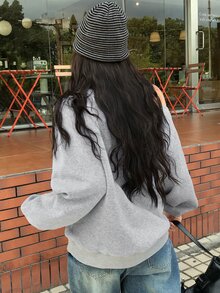 DAZY Grey Crew Neck Cat & Letter Print Loose Drop Shoulder Long Sleeve Casual Versatile Asymmetrical Pullover Sweatshirt Hoodies - Light Grey - View 2