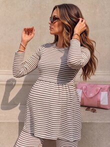SHEIN Women's Comfortable Fashion Round Neck Long Sleeve Khaki Striped Maternity T-Shirt - Khaki - View 8